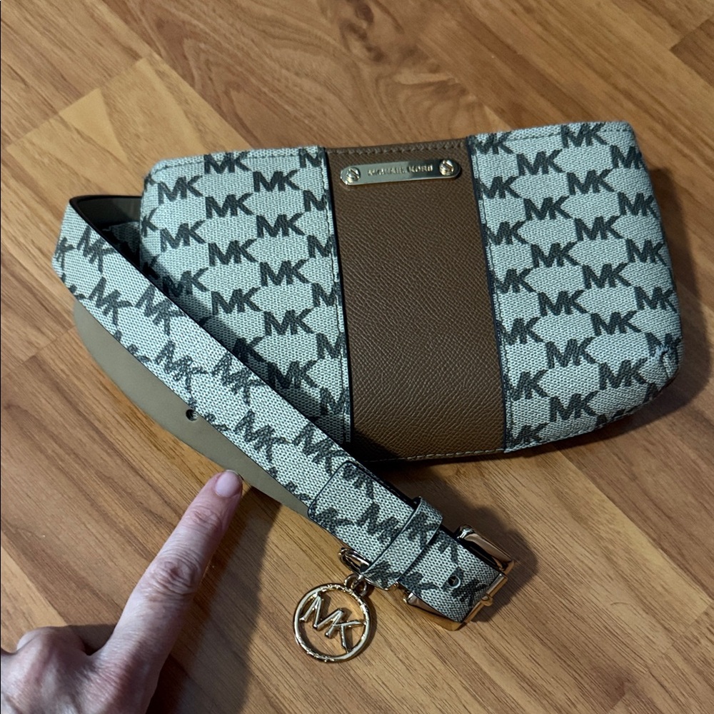 Michael Kors Tan Monogram fanny pack with Gold Buckle